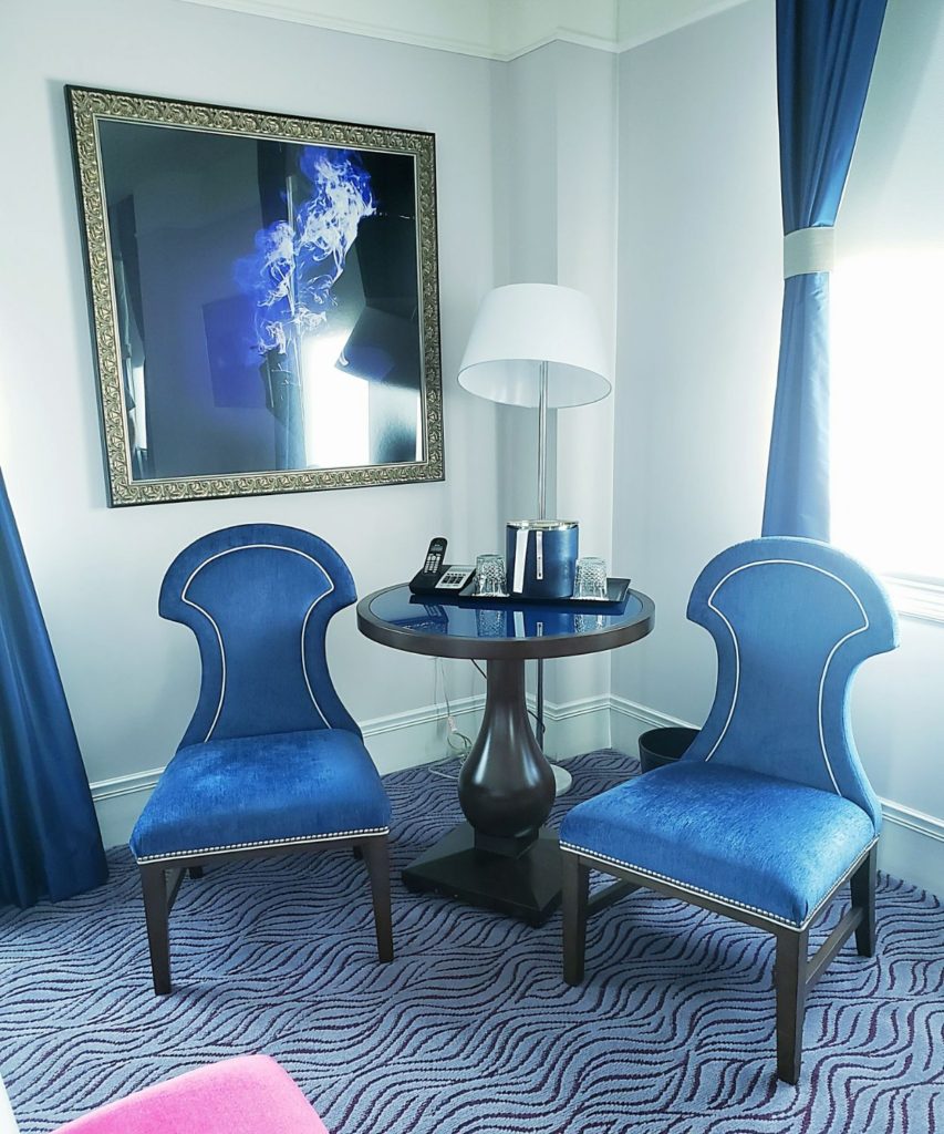 blue chairs in tower suite of chattanooga's read house hotel